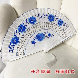 中国风经典青花瓷红色折扇双面烤漆西班牙跳舞扇子旗袍走秀表演扇