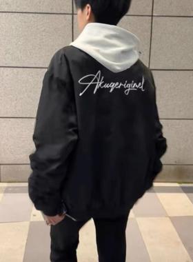 网红美式复古黑色飞行员夹克男春秋高街hiphop潮牌棒球服情侣外套