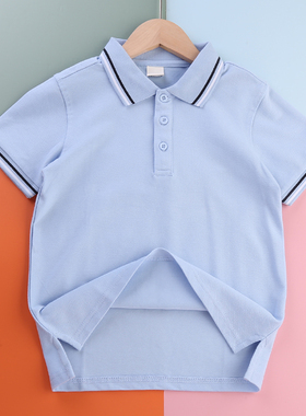 儿童短袖中小学生校服蓝色黑白杠领纯棉T恤男女童polo衫毕业班服
