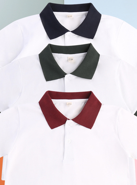 夏季童装校服短袖白色T恤墨绿领男童女童枣红领班服小学生POLO衫