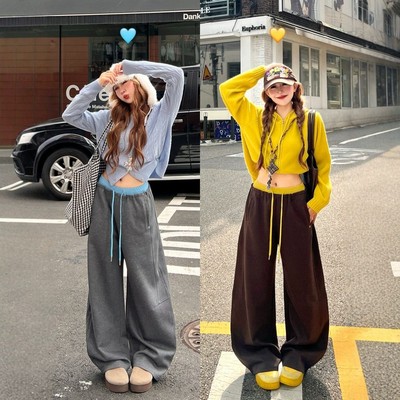 2026美式撞色拼接加绒保暖弯刀裤女高腰宽松显瘦休闲假两件阔腿裤