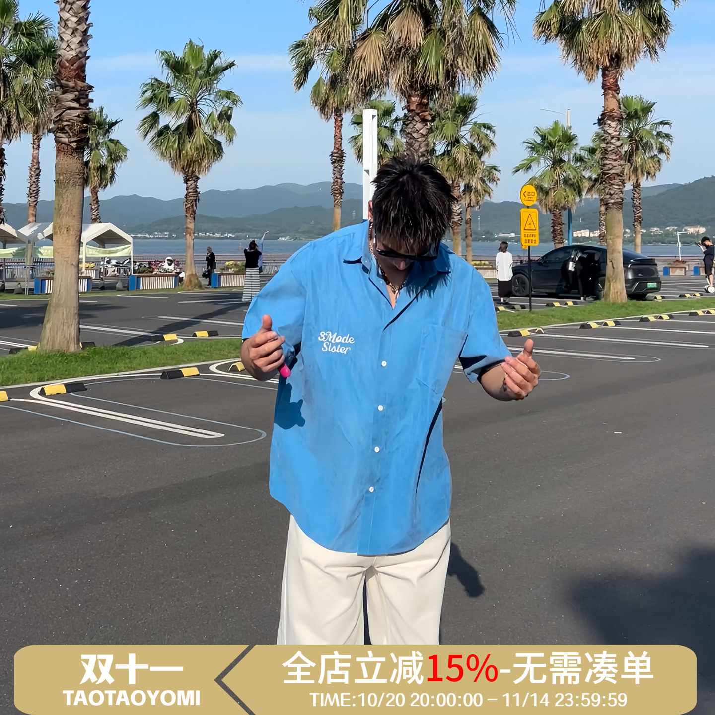 TTYM*设计感小众别针花朵领带短袖衬衫男女夏季港风宽松半袖上衣