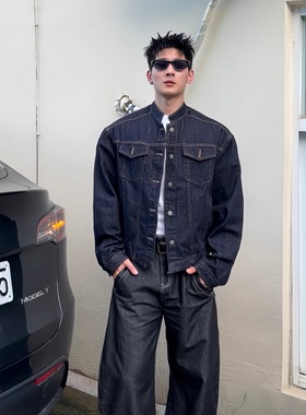 TTYM*秋季复古短款牛仔外套男翻领休韩系夹克男女休闲百搭痞帅