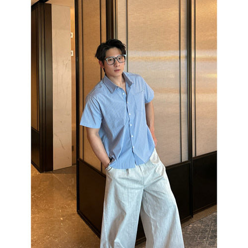 TTYM「高智条纹 松弛通勤」休闲短袖衬衣条纹撞色休闲衬衫男女