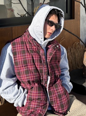 美式休闲复古格子马甲男女拉链宽松百搭外套