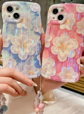 适用苹果14plus手机壳iPhone13pro油画花朵promax硅胶12por蓝光pm高级感小众p1us文艺手链pulas女ipone波浪边