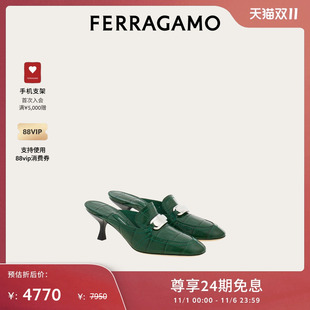 FERRAGAMO菲拉格慕女士金色扣饰猫跟穆勒拖鞋 限时特享