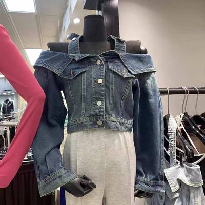 十三行新款港风复古一字领设计感露肩挂脖牛仔短外套女时尚上衣