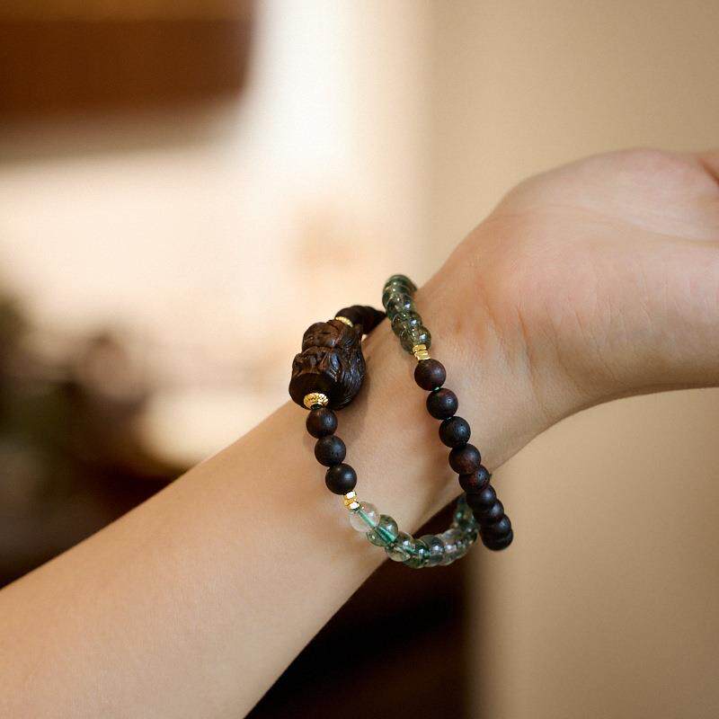 2026土沉香手串九尾狐凤九狐狸白水晶双圈手串高级感佛珠手链