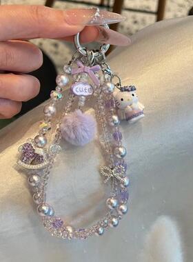 2026秋冬新款紫色水晶木马毛球串珠手机挂件甜美可爱精致kitty猫