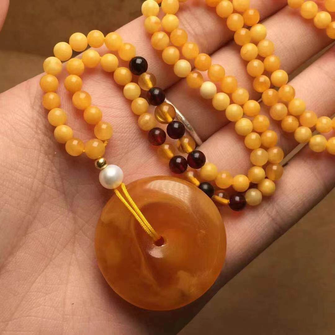 2026天然蜜蜡老蜜花蜡平安扣吊坠蜡质浓郁搭配老蜜链长款项链女款