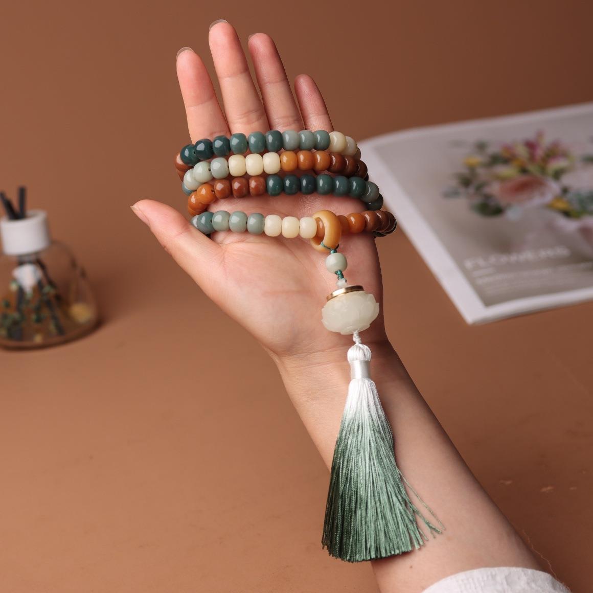 2026敦煌问天渐变白玉菩提根子手链手串DIY莲花香囊吊坠跑环念持
