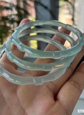 2026油青绿冰透浅绿玉髓手镯竹节高女款纤细竹节玛瑙镯子轻奢玉镯