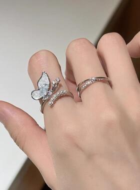 2026韩版新款渐变水晶蝴蝶戒指小众设计清冷甜美气质滴油珍珠开口