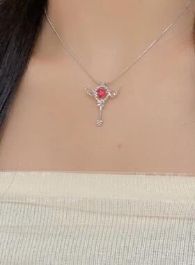 2026「魔法少女」粉色镶钻爱心魔法棒项链时尚小众气质甜美学生锁