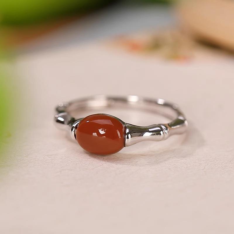 2026翔栩镶嵌南红玛瑙女士戒指复古个性竹节精致开口玉石指环厂家