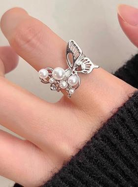 2026蝴蝶珍珠戒指女ins风轻奢高级感小众设计镂空食指戒时尚个性
