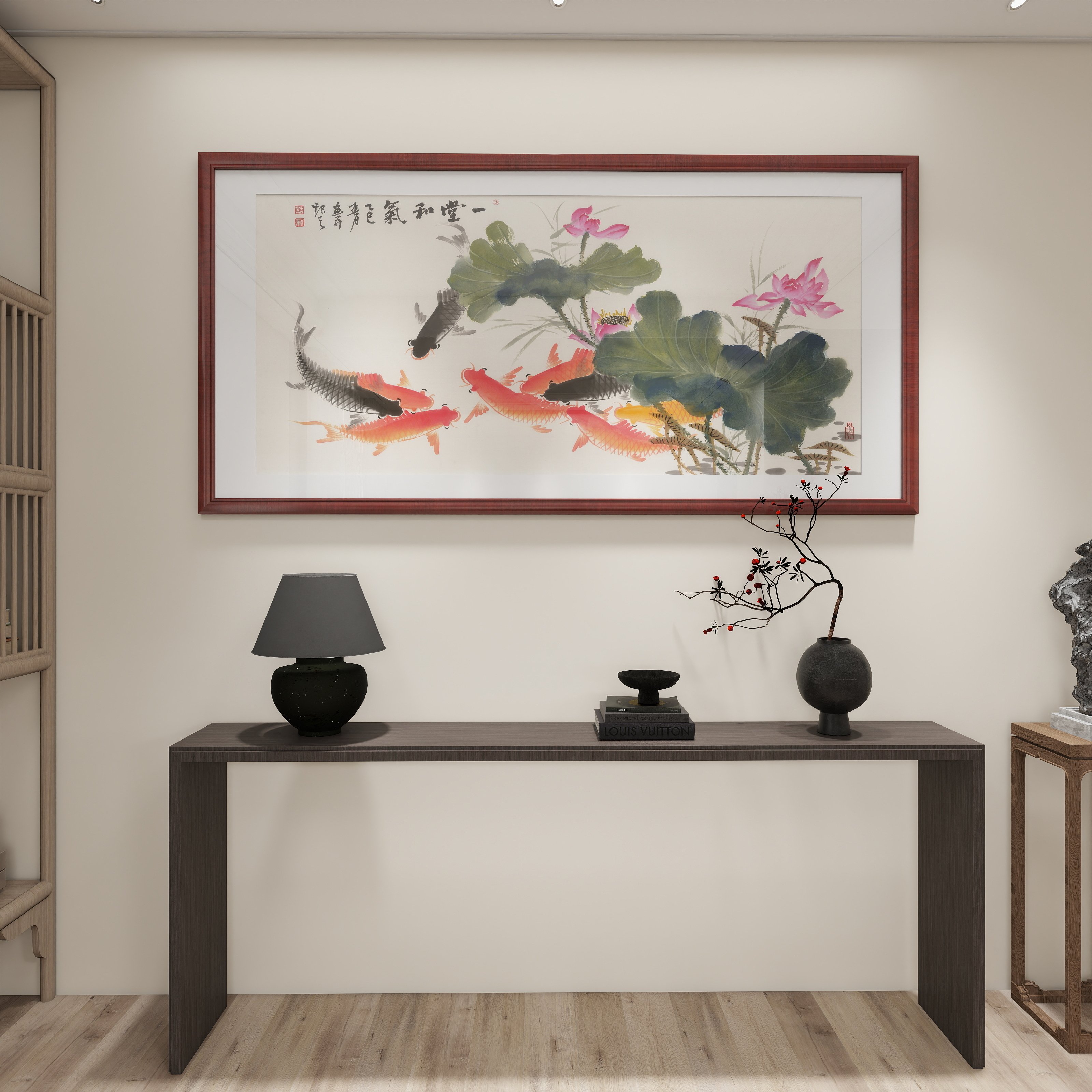一堂和气荷花鲤鱼壁画和气生财新中式装饰画九鱼图挂画客餐厅国画