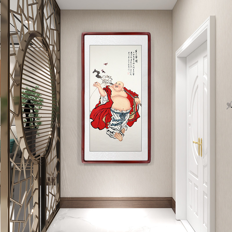 定制手绘弥勒佛画像国画入户玄关茶室办公室挂画新中式佛系笑纳百