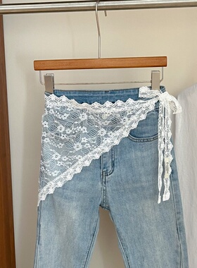 2025新款白色下摆裙帘牛仔裤蕾丝性感屁帘女叠穿遮跨显瘦三角巾潮