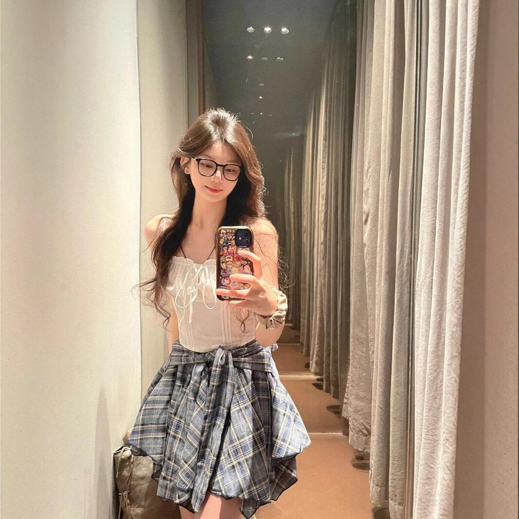 学院风假两件撞色格子半身裙女夏季不规则设计感绑带百搭短裙子