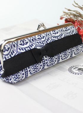 盐田织彩 文创织锦手包女笔袋口金包国潮文化男女通用印花蓝色包