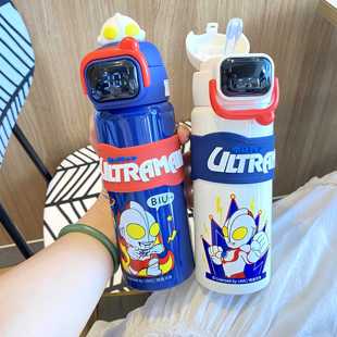 奥特曼智能显温儿童保温杯上学专用水壶男孩食品级男童吸管杯