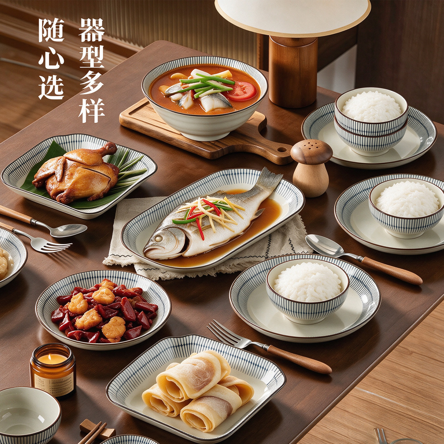 日式釉下彩陶瓷碗碟盘套装乔迁