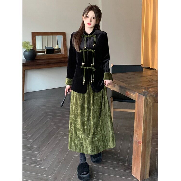 新中式国风气质外套上衣女2024年新款秋季大码胖mm高腰半身裙套装