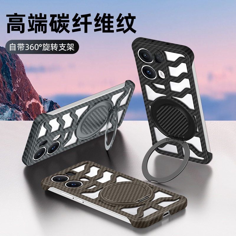 适用oppofindx8s手机壳镂空散热无边框reno13高端碳纤维纹findx7ultra磁吸360旋转支架男款潮5g防摔保护套