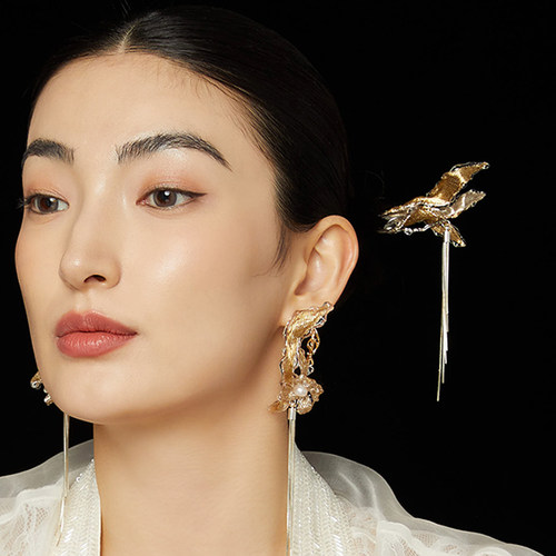 新款ATRIAL SENSING金银叶流苏发簪发钗原创轻奢新中式高级发饰