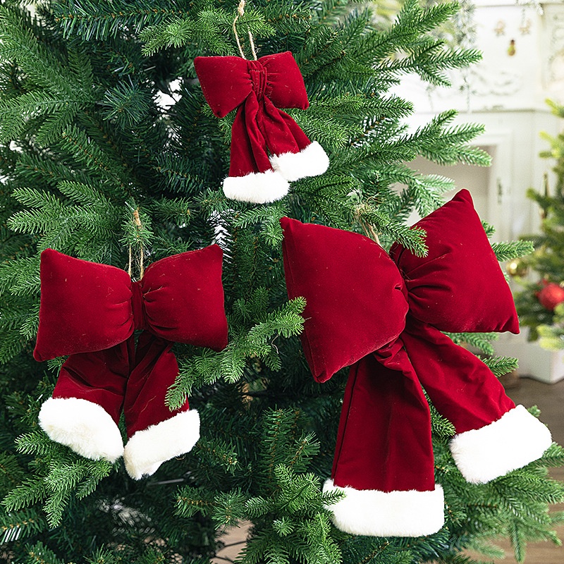 跨境圣诞节蝴蝶结大号绒布立体韩式圣诞树装饰品酒红色圣诞装饰