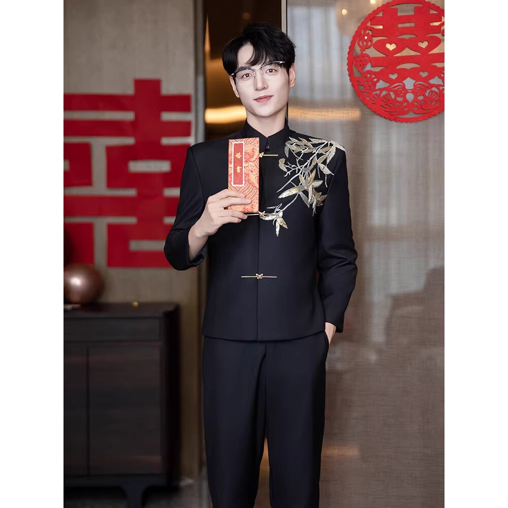男士新中式中山装新郎男装礼服唐装西服西装外套套装中国风刺绣
