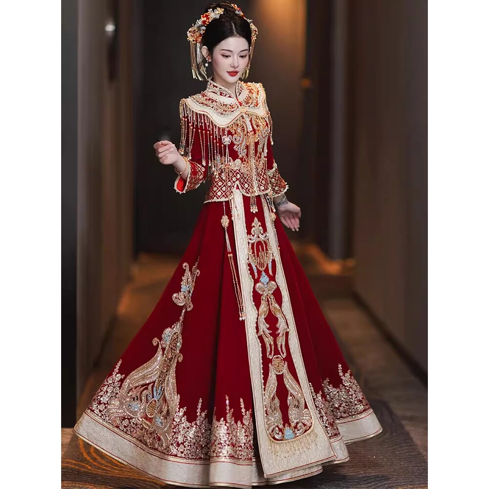 奢华丝绒秀禾服珠绣2025新款凤冠霞帔新娘结婚中式礼服重工出阁服