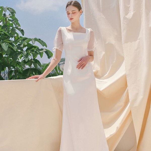 御创国际喜庆用品法式轻婚纱缎面简约小众设计感短袖鱼尾白色晚礼