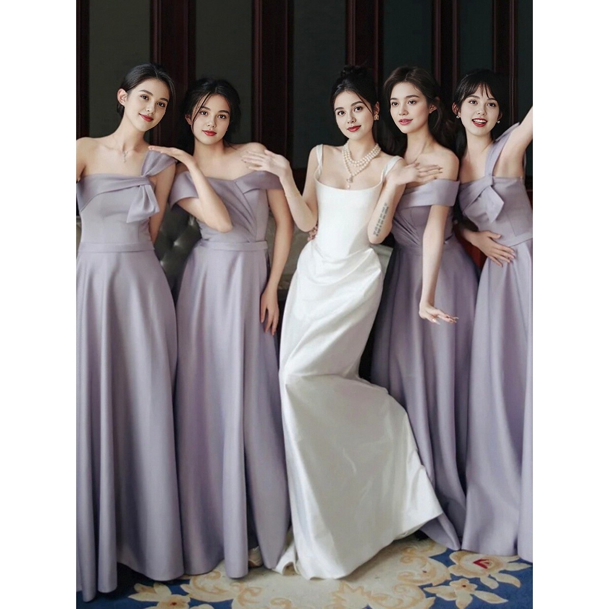 伴娘服女缎面紫色日常可穿姐妹团礼服合唱表演主持人晚礼服裙夏季