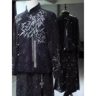 订婚婚服男士新郎结婚秀禾服接亲礼服唐装国风黑色刺绣竹叶国潮