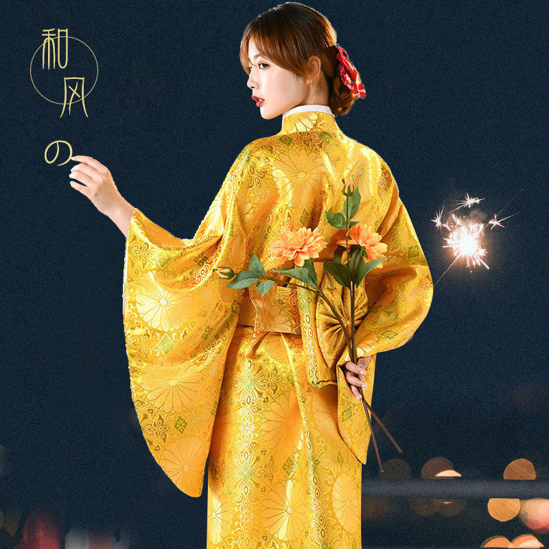 新款民族古装服装织锦缎和服浴衣女士浴袍菊花印花演出异国服饰