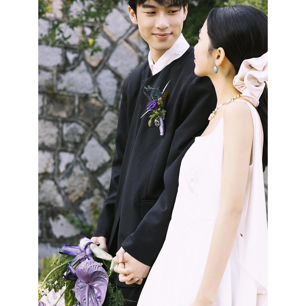 新中式痞帅小众圆领西服宽松结婚订婚休闲西装套装男高级感百搭