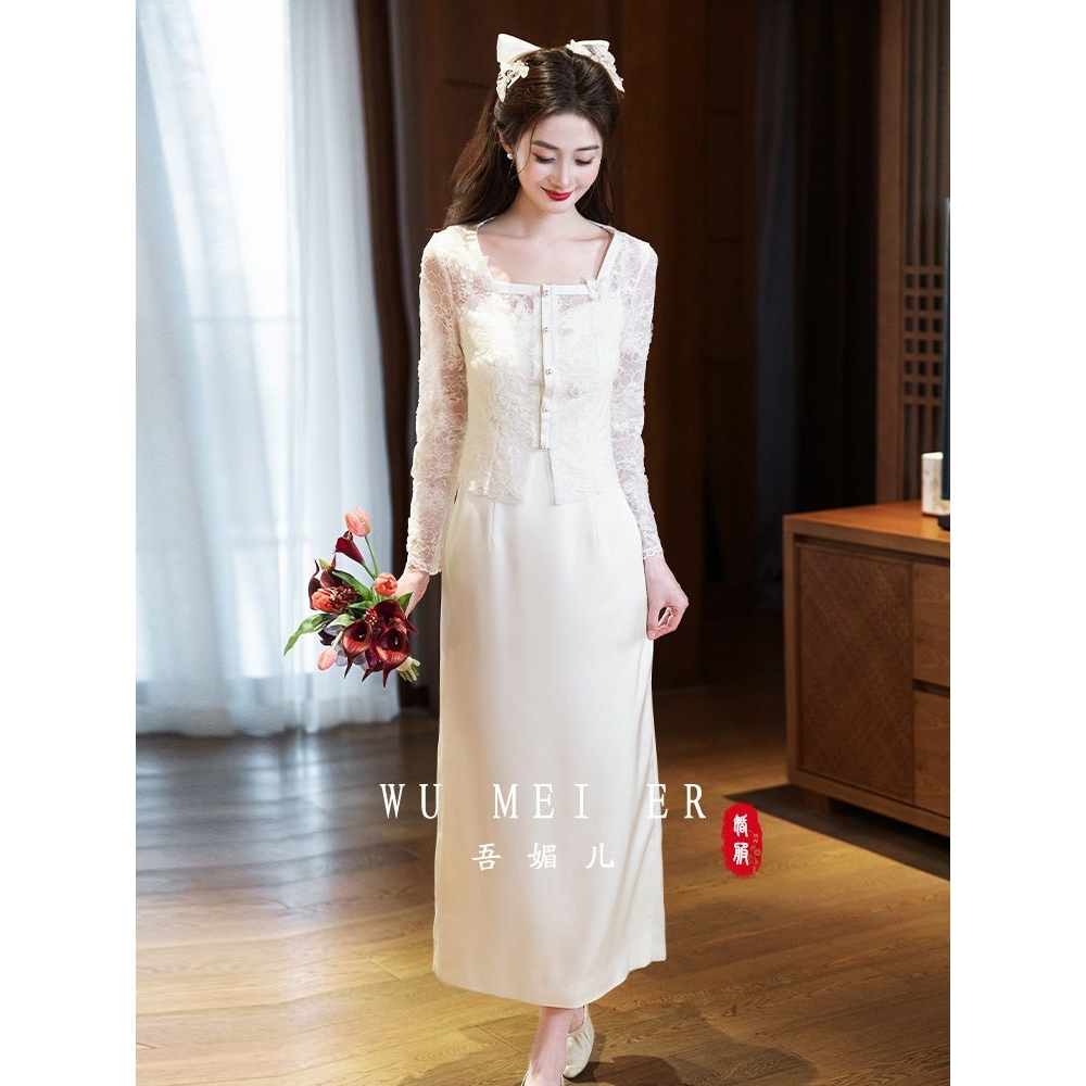 新中式订婚旗袍2025新款新娘结婚敬酒服礼服裙白色蕾丝套装女领证