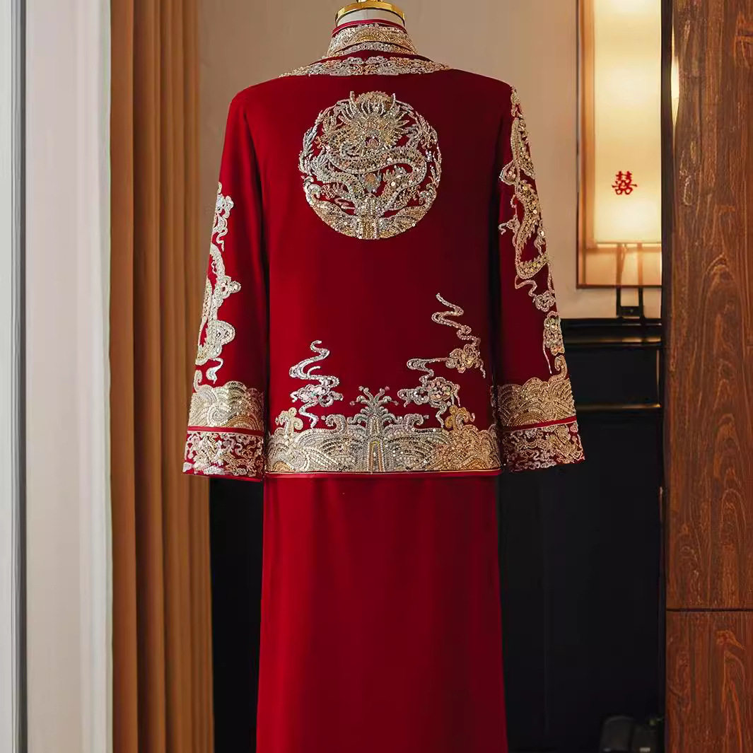 男士秀禾服2024新款中式新郎服丝绒结婚礼服龙凤褂男装秀和服大码