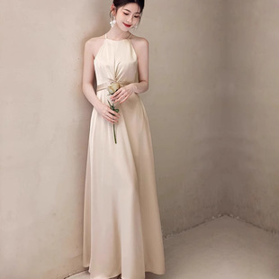 香槟色缎面伴娘服姐妹裙新款显瘦主持合唱活动表演宴会礼服长裙