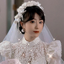 新娘结婚头饰新款 手工白色花朵珍珠编发发带垂直薄款 头纱跟妆婚饰