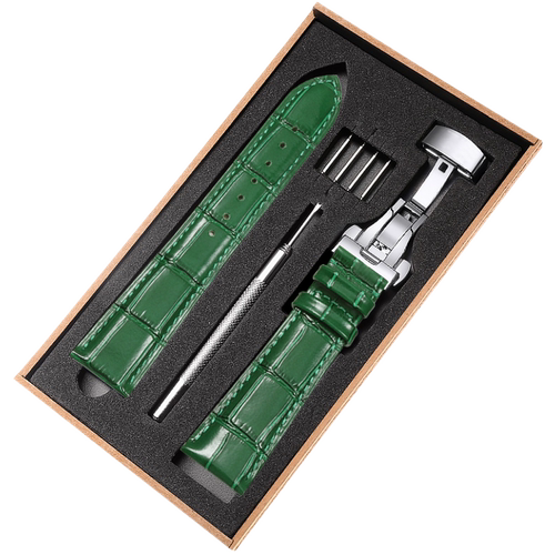 绿色手表带真皮男女蝴蝶扣配件适用华为watch3 gt2/3 Pro荣耀 手环B3B5B6 西铁城精工天王天梭卡西欧皮表带22