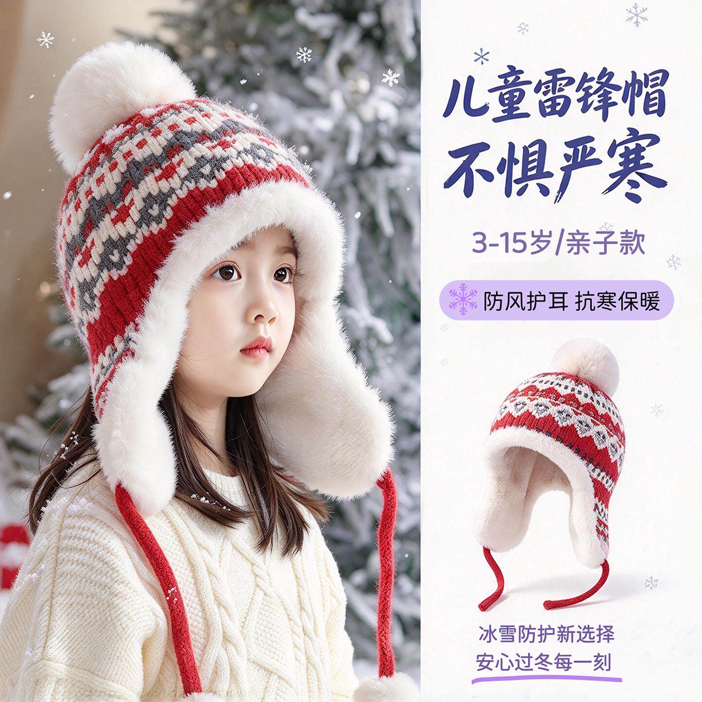 青少年初中生护耳帽哈尔滨防寒帽东北儿童帽子加绒加厚男童雷锋帽