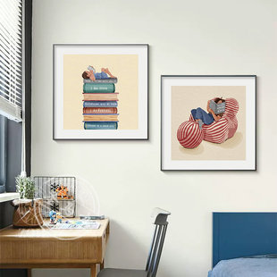 爱读书的大人孩子儿童房装饰画卧室床头客厅沙发壁画书房看书挂画