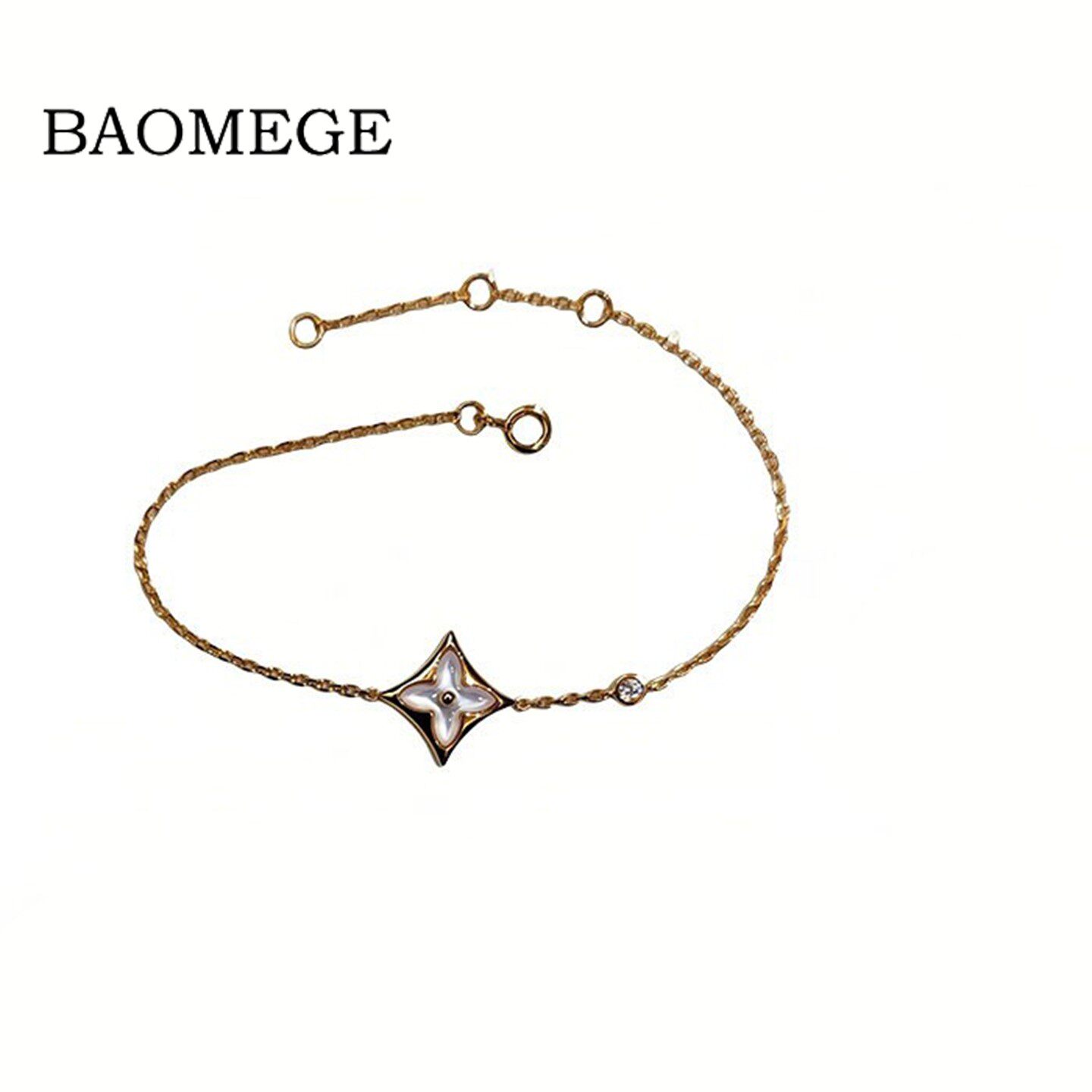 BAOMEGE18K玫瑰金白贝母手链女款轻奢简约菱格四叶草气质百搭手饰