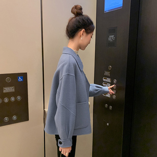 2025新款女装春秋宽松短款毛呢外套女小个子蓝色双面羊绒呢子大衣
