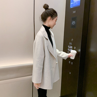2025新款女装春秋中长款毛呢外套女米白色西装领双面羊绒呢子大衣
