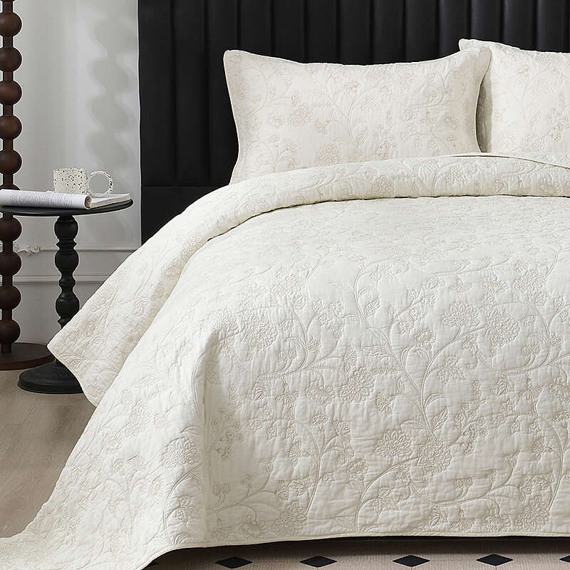 ins复古重工田园刺绣床盖纯棉绣花加厚夹棉床单全棉绗缝被三件套